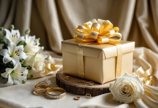 Professionelt billede der symboliserer guldbryllup med gaver og blomsterarrangementer.